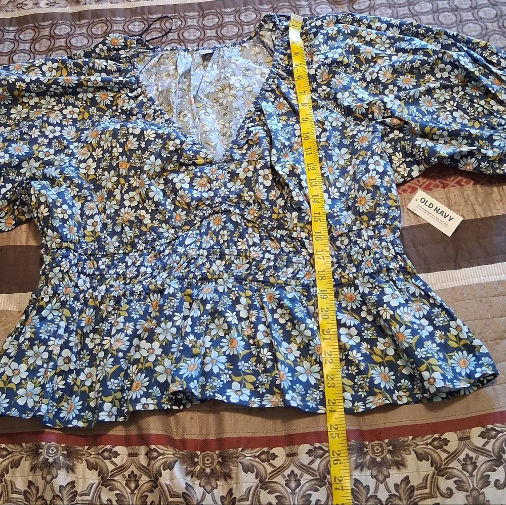 Old‎ Navy Smocked Vneck Peplum Peasant Blue Floral Puff Sleeve Boho SzXL